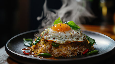 A steaming plate of Thai basil fried rice topped with a perfectly fried egg, drizzled with a rich soy sauce, garnished with fresh basil leaves and sliced chili, evoking a mouthwatering Thai delight.の素材