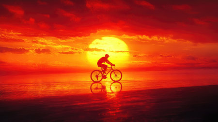 A striking silhouette of a cyclist riding against a vibrant sunset, with the sun casting long shadows, creating a dramatic and inspiring scene of freedom and adventure.の素材