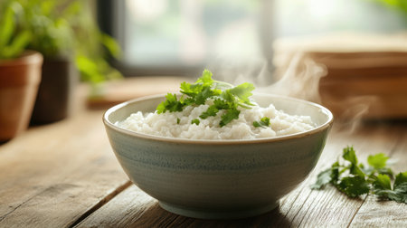 A steaming bowl of rice porridge with minced pork and garnished with fresh cilantro, served on a wooden table, capturing the warmth and comfort of a traditional meal.の素材