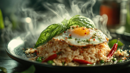 A steaming plate of Thai basil fried rice topped with a perfectly fried egg, drizzled with a rich soy sauce, garnished with fresh basil leaves and sliced chili, evoking a mouthwatering Thai delight.の素材