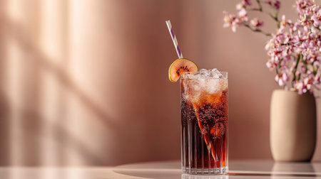 A stylish image of a glass of sparkling soda with a fancy straw and fruit slice, set on a polished table with a minimalistic, modern decor in the background.の素材