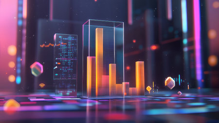A transparent D bar chart floating in a digital space, with bars of different heights representing financial performance, surrounded by data points and futuristic icons.の素材