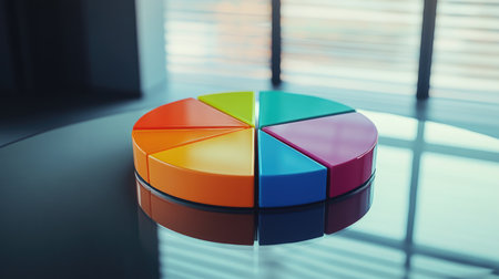 A striking D pie chart with vibrant colors and textures representing budget allocations, positioned on a glass table, reflecting light to highlight the importance of financial planning and transparency.の素材