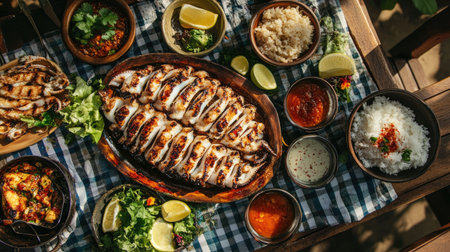 A top-down shot of a picnic spread featuring grilled squid alongside various sides like rice, salad, and dipping sauces, set on a checkered tablecloth.の素材