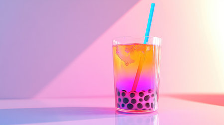 A vibrant image of a refreshing glass of bubble tea with a colorful straw, featuring visible tapioca pearls and tea layers, on a pristine white surface.の素材