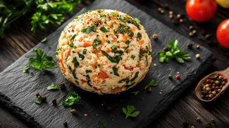 A top-down view of a gourmet cheese ball, beautifully garnished with herbs and spices, displayed on a slate serving board, capturing the elegance of this delicious appetizer.の素材