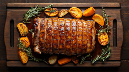 A beautifully cooked roast meat with crispy skin presented on a wooden board, surrounded by fresh herbs and roasted vegetables, perfect for festive dining.の素材