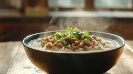 A steaming bowl of rice porridge with minced pork and garnished with fresh cilantro, served on a wooden table, capturing the warmth and comfort of a traditional meal.の素材
