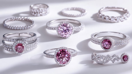 A stylish arrangement of various diamond jewelry pieces including rings, bracelets, and necklaces, all placed on a smooth white surface to highlight their shine.の素材