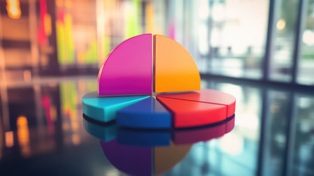 A vibrant D pie chart with colorful segments floating above a reflective surface, representing financial data breakdowns, with percentages displayed next to each segment.の素材