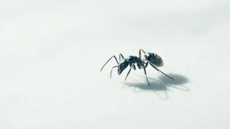 A close-up of a single ant crawling across a white background, showcasing its detailed body structure and legs with sharp focus and minimal distractions.の素材