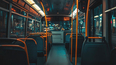An empty city bus at night, with dimmed interior lights and dark, quiet streets outside, creating a calm and peaceful atmosphere.の素材
