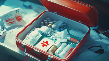 A close-up of a first aid kit opened to reveal essential items such as antiseptics, adhesive bandages, and over-the-counter medications.の素材