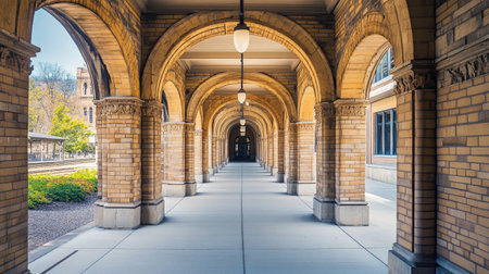 A detailed shot of a historic train station with classic architectural elements, such as arches and brickwork, representing a blend of past and present.の素材