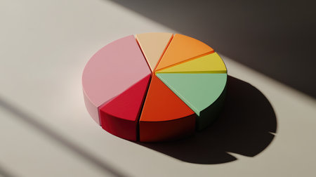 A detailed shot of a D pie chart with labeled segments and a shadow effect, creating a visually appealing and informative representation of statistical data.の素材
