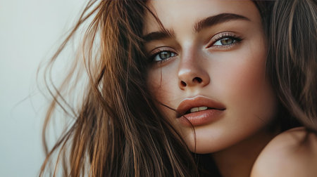 A close-up of a woman with long, flowing hair styled in loose, beachy waves, capturing the effortless and natural look against a soft background.の素材