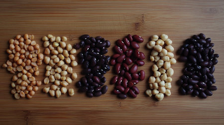 A close-up of a variety of beans spread out on a wooden surface, showcasing different shapes, sizes, and colors including kidney beans, black beans, and chickpeas.の素材