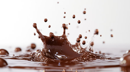 A dramatic shot of a splash of liquid chocolate, with droplets and splatters creating a dynamic and engaging visual effect against a white surface.の素材