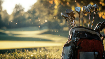 A high-resolution image of a golf bag with various clubs, tees, and a golf glove, arranged neatly on a golf cart or near the green, emphasizing the gear used.の素材