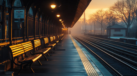 A serene early morning shot of an empty train station with soft lighting and empty benches, highlighting the calm before the day's activity begins.の素材