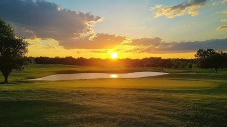A scenic view of a sunset over a golf course, with the silhouette of a golfer taking a final shot of the day, creating a peaceful and picturesque scene.の素材