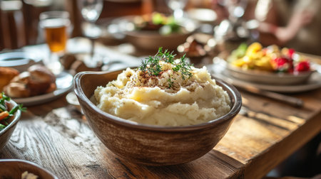 A rustic wooden table set with a family-style dinner featuring a large bowl of mashed potatoes, a gravy boat, and colorful side dishes, capturing a warm, inviting atmosphere.の素材
