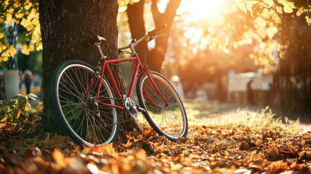 A stunning red sports bicycle resting against a tree, with sunlight filtering through the leaves, illustrating adventure and outdoor fun.の素材