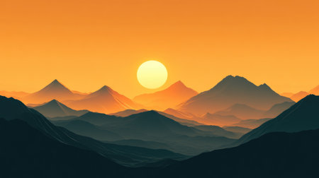 The sun rising over a mountain range, with the early morning light casting long shadows and illuminating the peaks in warm, golden hues.の素材