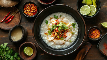 A table setting featuring a hot bowl of rice porridge with fish, surrounded by condiments like soy sauce, chili oil, and fresh lime wedges, ready to be customized.の素材