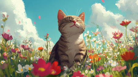 A cheerful cat basks in the sunlight amidst a lively flower field, showcasing the beauty of nature and the joy of a sunny day filled with colors and serenity.の素材