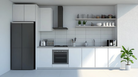 A stylish minimalist kitchen with sleek cabinetry, a clean countertop, and modern appliances, showcasing an uncluttered design that emphasizes functionality and simplicity.の素材