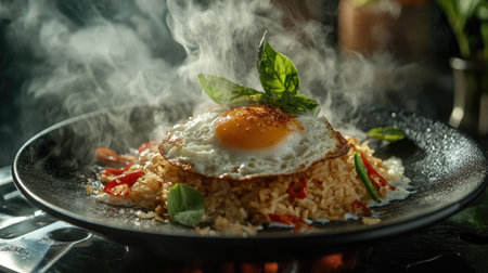 A steaming plate of Thai basil fried rice topped with a perfectly fried egg, drizzled with a rich soy sauce, garnished with fresh basil leaves and sliced chili, evoking a mouthwatering Thai delight.の素材