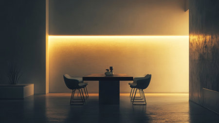 This image showcases a modern minimalist dining space illuminated by soft ambient lighting. The elegant wood table and stylish chairs create a cozy and inviting atmosphere.の素材