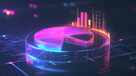 A transparent D pie chart with floating segments, displayed against a dark, futuristic backdrop, with glowing percentages next to each slice for clarity.の素材