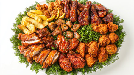 A vibrant overhead view of a platter filled with assorted fried chicken pieces, including wings, thighs, and drumsticks, elegantly arranged on a white background for an appetizing presentation.の素材