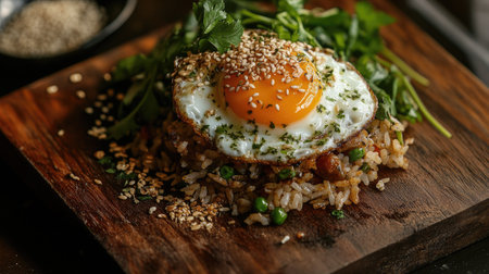 A rustic setting featuring a wooden board with a serving of Thai basil fried rice topped with a fried egg, sprinkled with sesame seeds and fresh herbs for an appealing presentation.の素材