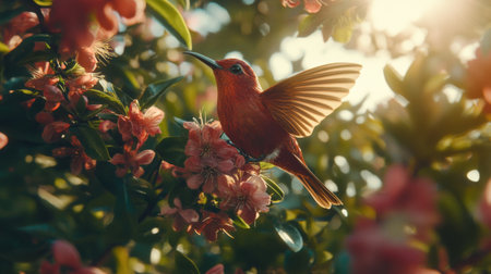 A captivating hummingbird is seen feeding on bright blossoms, capturing the essence of nature's beauty. Sunlight filters through leaves, creating a serene atmosphere.の素材