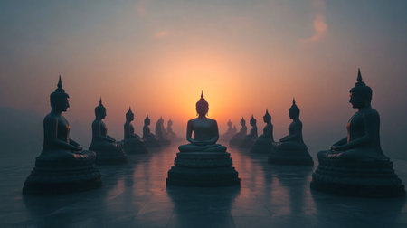 This captivating image features serene Buddha statues bathed in soft sunrise light, creating a peaceful atmosphere. The mist envelops the scene, enhancing its tranquility.の素材