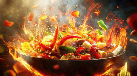 A vibrant scene of a wok on high heat with stir-frying vegetables and meat, showcasing the dynamic action of cooking and the bright colors of the ingredients.の素材