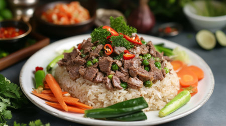 A vibrant beef stir fry served over fluffy rice, topped with fresh vegetables and herbs, perfect for a hearty meal any time of the day.の素材