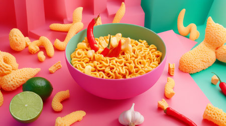 A vibrant bowl of instant noodles garnished with fresh chili, lime, and garlic against a colorful backdrop, creating an appealing and playful food presentation.の素材