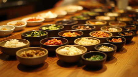 A table filled with an assortment of banchan side dishes, including pickled vegetables and kimchi, beautifully displayed in small bowls, emphasizing the variety in Korean meals.の素材