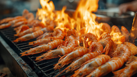 Juicy shrimp sizzling as they cook over open flames on a barbecue grill. The vibrant colors and dynamic flames create an inviting and appetizing scene. Enjoy a summer feast!の素材
