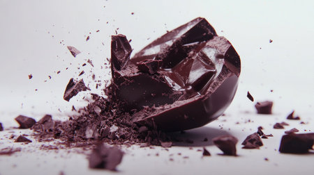 A close-up of a piece of chocolate being broken or snapped, with the crisp texture and rich color vividly shown against a plain white backdrop.の素材