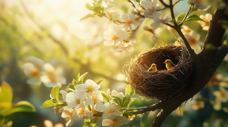 A close-up shot of a nest with tiny birds peeking out, resting on a thick branch of a tree, surrounded by blooming flowers and bright sunlight.の素材