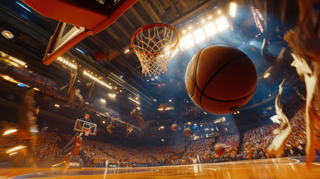 A dynamic shot of a basketball in mid-air, heading towards the hoop with a dramatic background of a basketball court and cheering crowd.の素材