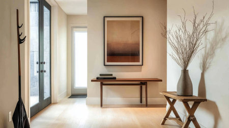 A minimalist entryway with a streamlined console table, subtle artwork, and a functional coat rack, creating a welcoming and uncluttered first impression.の素材