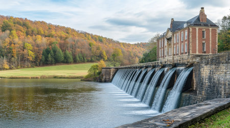 A historical view of an old, classic dam with stone or brick construction, set against a backdrop of rolling hills and historical architecture.の素材