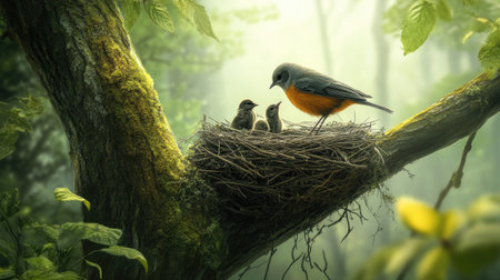 A large bird's nest resting on a sturdy branch of a tall tree, with a mother bird feeding her chicks, showcasing a peaceful moment in nature.の素材