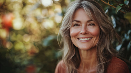 A woman in her s smiling warmly, with focus on her eyes and gentle wrinkles around her smile, capturing the essence of joy and life experience.の素材